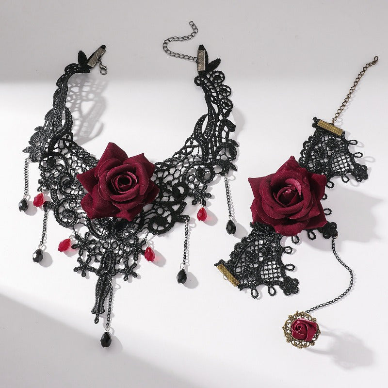 Gothic Lace Choker and Ring Bracelet Set, 2pcs Black Rose Handmade Vintage Necklace Bracelet Combo for Women, Elegant Polyester Fiber Costume Jewelry for Halloween, Parties, and Cosplay Events